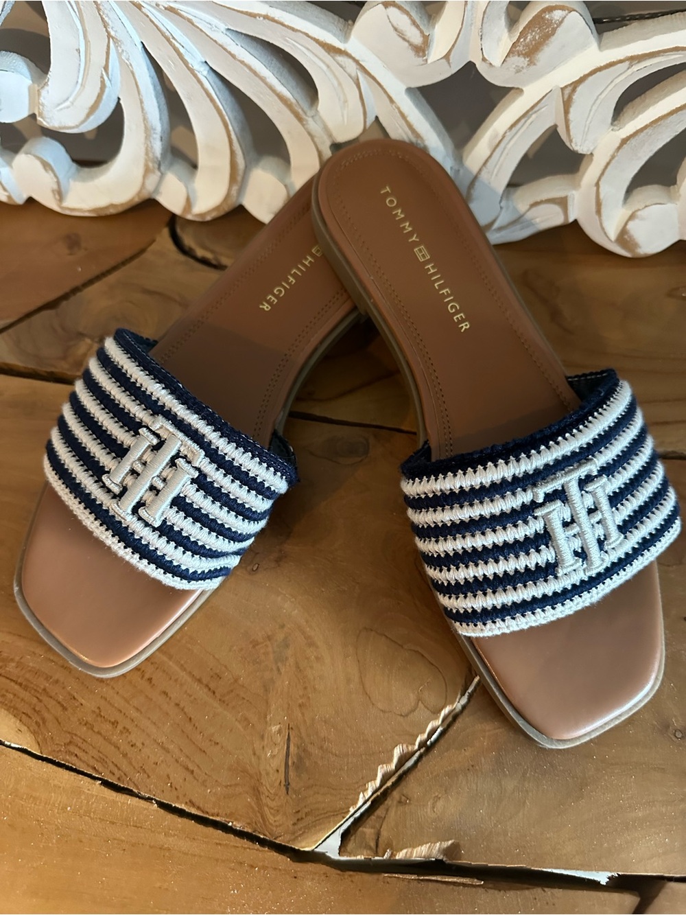 Tommy Hilfiger Navy and Cream Striped Woven Slide Sandals